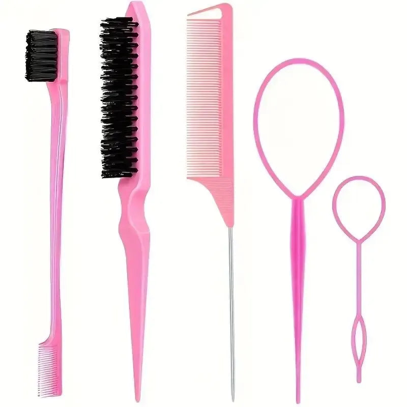 A set of five pink professional hair styling combs and brushes for hair styling.