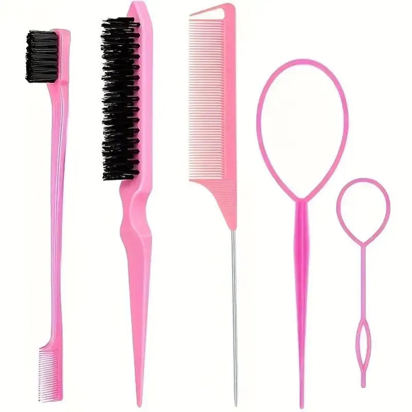 A set of five pink professional hair styling combs and brushes for hair styling.