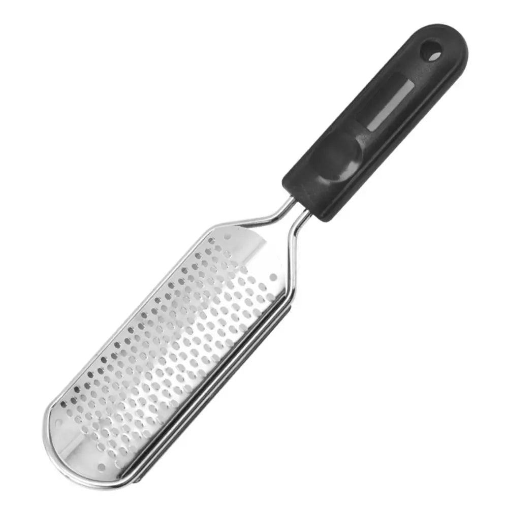 Stainless steel foot file with a black handle for callus removal