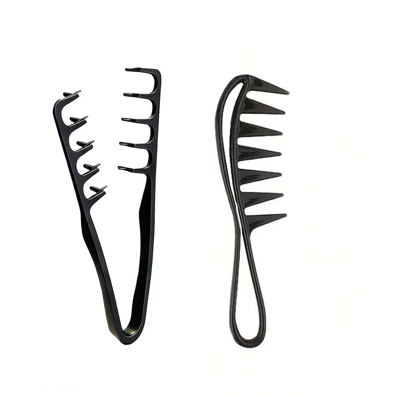 A set of black men's salon hair styling combs with various sizes and angles.
