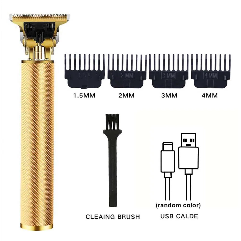 A professional electric hair clipper set featuring a gold body, cleaning brush, and USB cable.