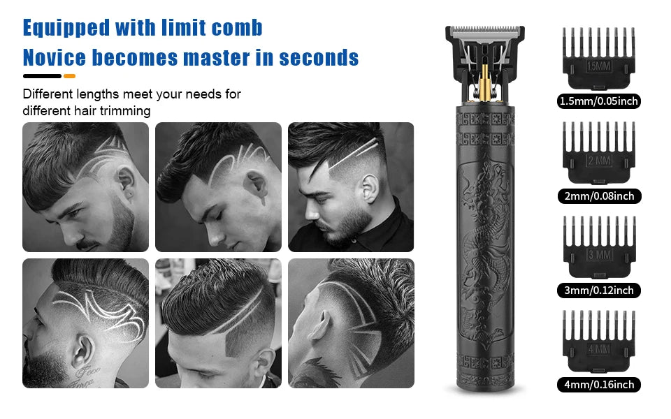 A black cordless hair trimmer with multiple guard attachments shown alongside various haircut examples.