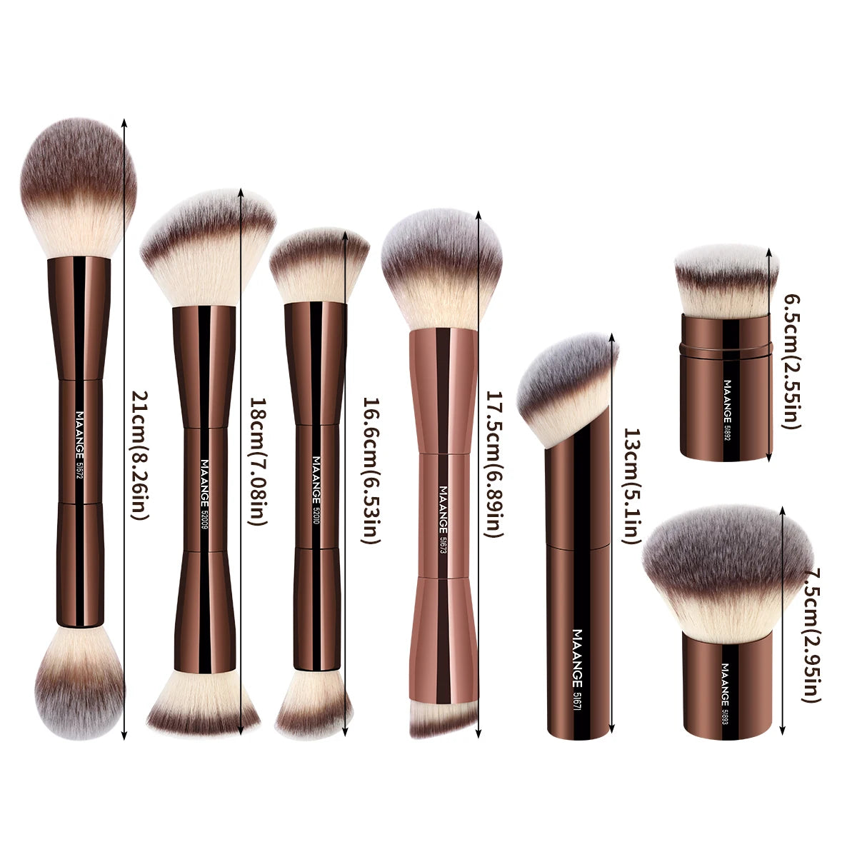 A set of five brown and gray double-ended makeup brushes with varying sizes and handles.