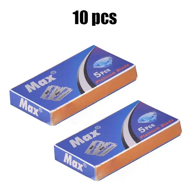 Ten packs of Max Platinum Blade double-sided safety stainless steel razor blades.