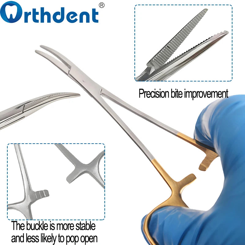 Stainless steel dental hemostatic forceps demonstrating precision bite improvement and a stable buckle.