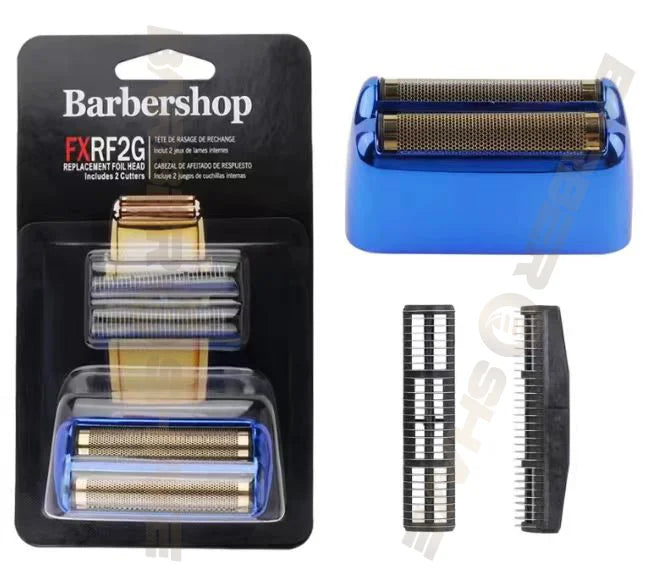 Pack of replacement blades for a barbershop electric shaver in a black case with blue accents