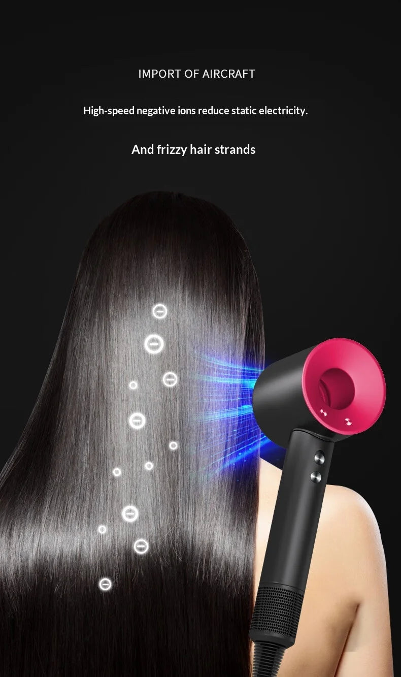 A black bladeless hair dryer is shown directing negative ions onto long, dark hair.