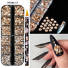 Un set de strass pour ongles PH194-11 en résine, avec divers diamètres de pierres claires et dorées.