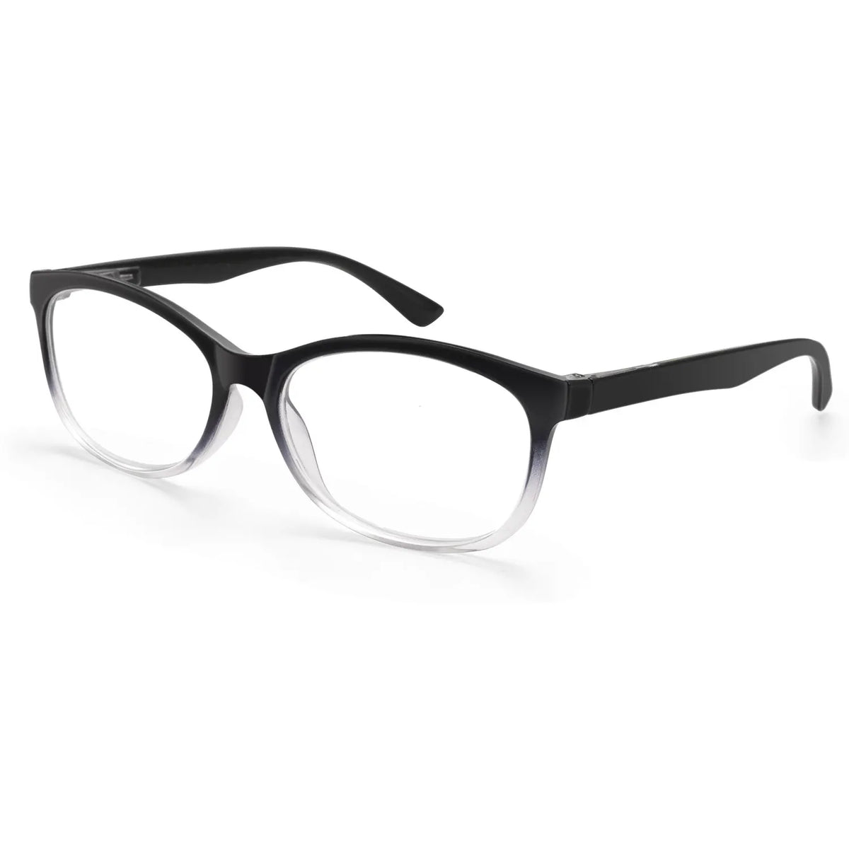 Une paire de lunettes de lecture noires multi-lentilles avec protection anti-lumière bleue sur fond blanc.