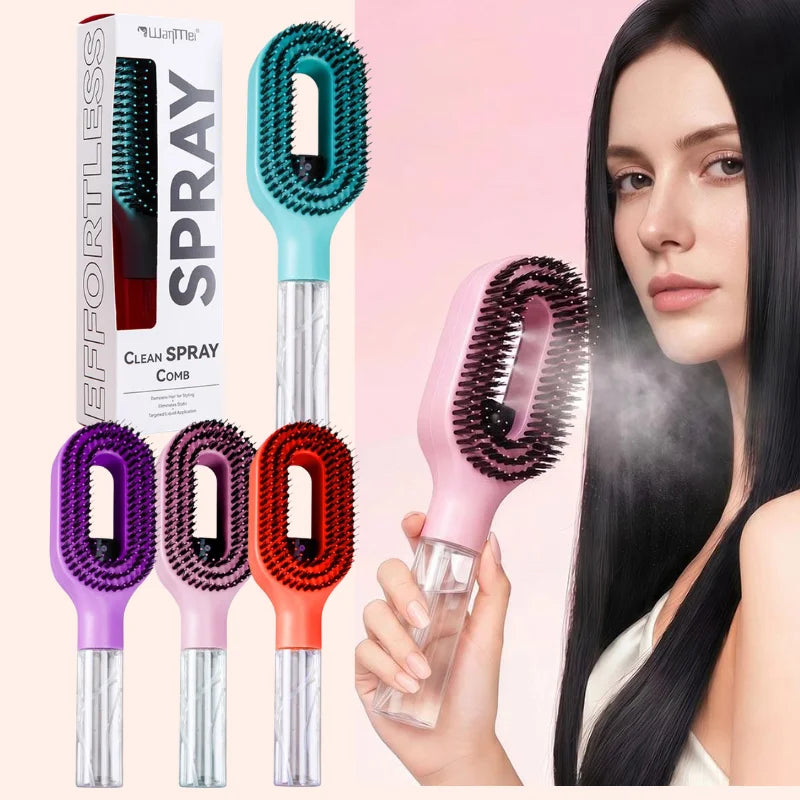 A set of a 2-in-1 hair styling comb and cleaning spray in various colors displayed next to a woman's dark hair.