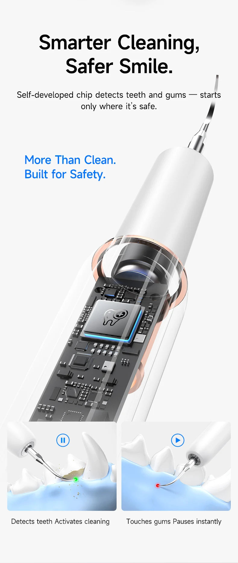 A white ultrasonic dental cleaner device is shown with a cleaning tip, demonstrating its ability to detect teeth and gums.