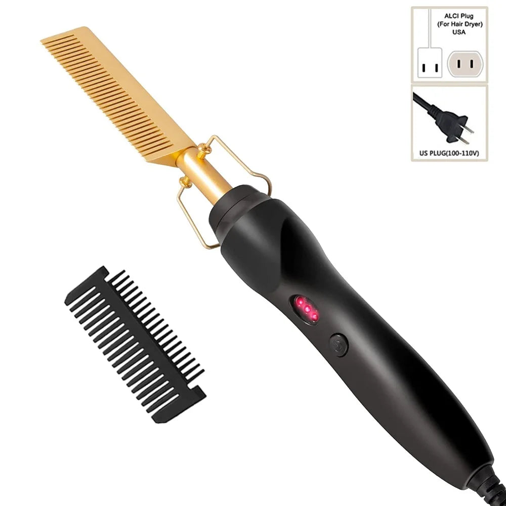 A black electric hair straightener with a brass comb attachment and power cord for styling hair.