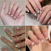 Close-up of hands displaying matte pink French press on artificial fingernails with a sheer white tip.
