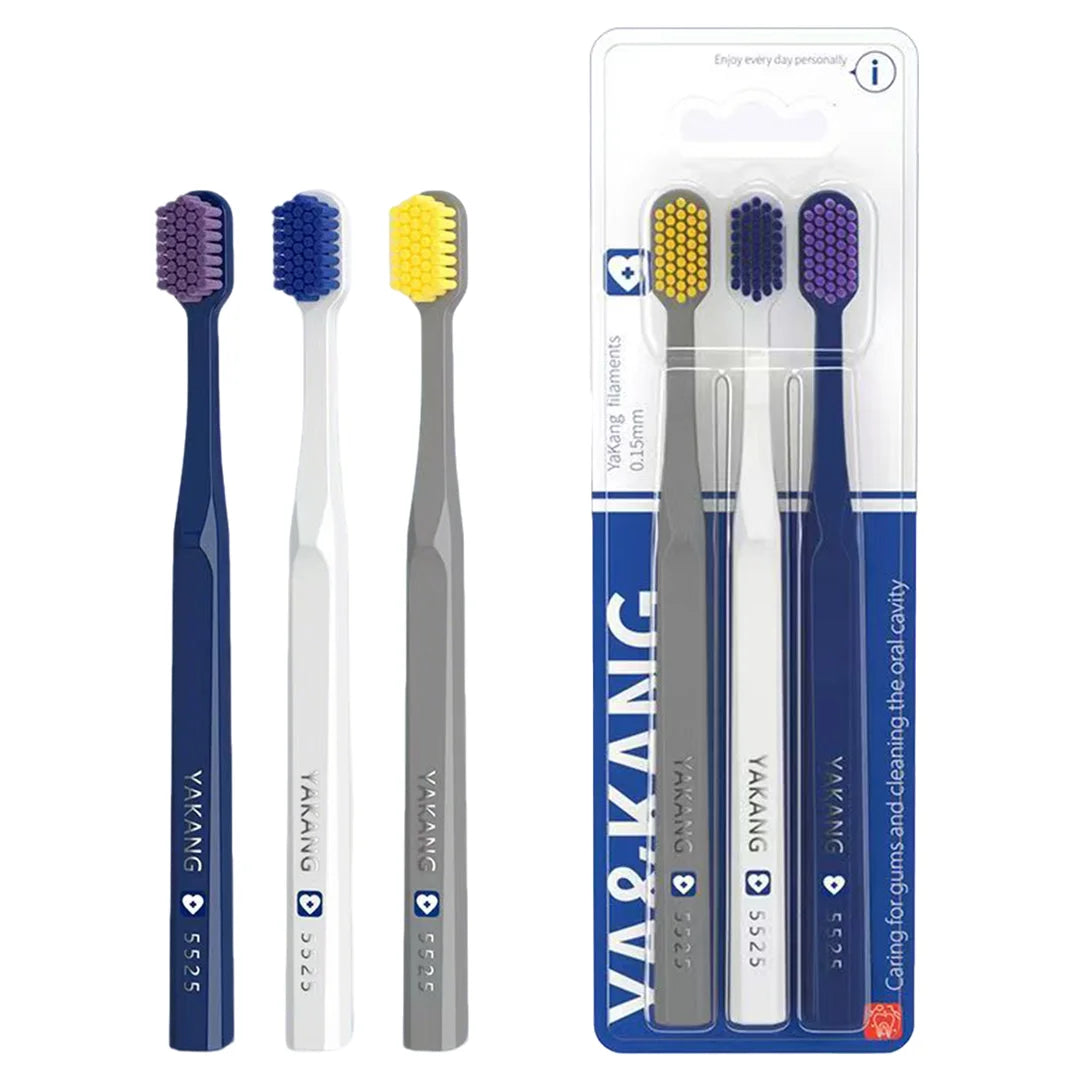 A set of five Yaking filaments toothbrushes for gum and oral cavity care packaged in a clear plastic container.