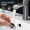 A hand is using a detachable blade on a faucet to stream water, demonstrating the function of a portable electric nose hair t
