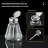 A clear glass bottle with a pump dispenser top and a plastic tube for liquid, shown in various angles.