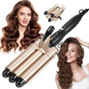 A professional triple barrel ceramic hair curling iron with three barrel tips shown in a studio setting.