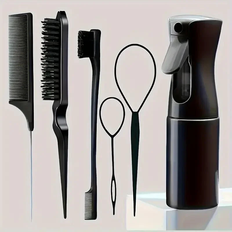A set of six black hair styling brushes and a spray bottle displayed on a light surface.