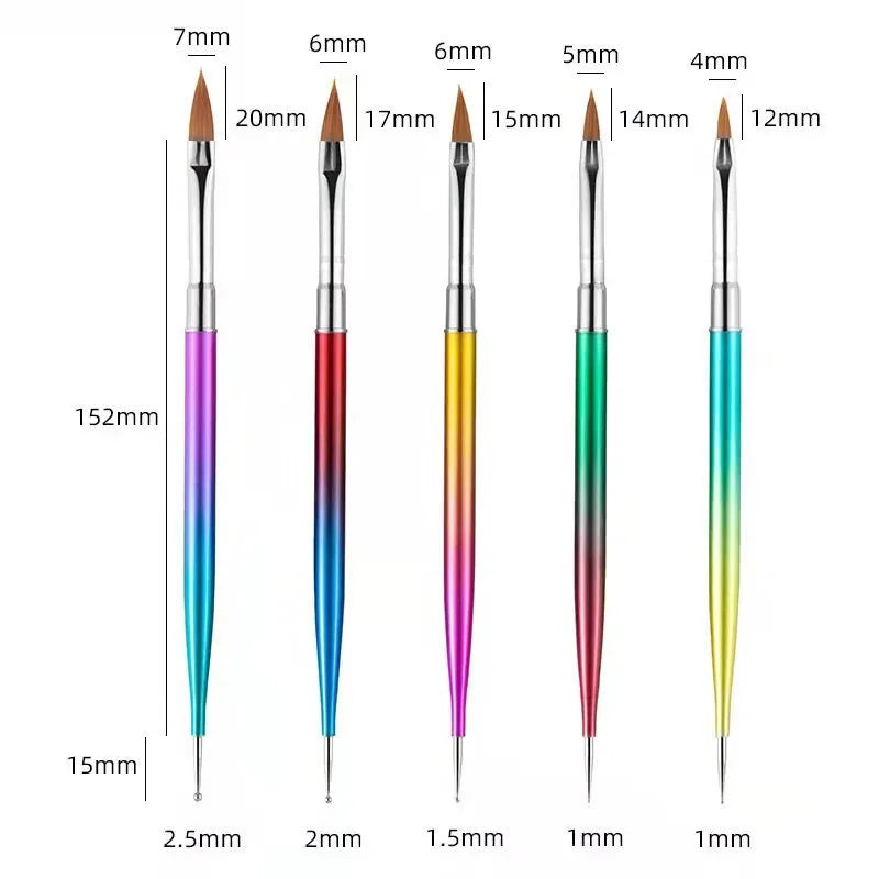 A set of precision nail art brushes with varying sizes and colors, ranging from 7mm to 12mm.