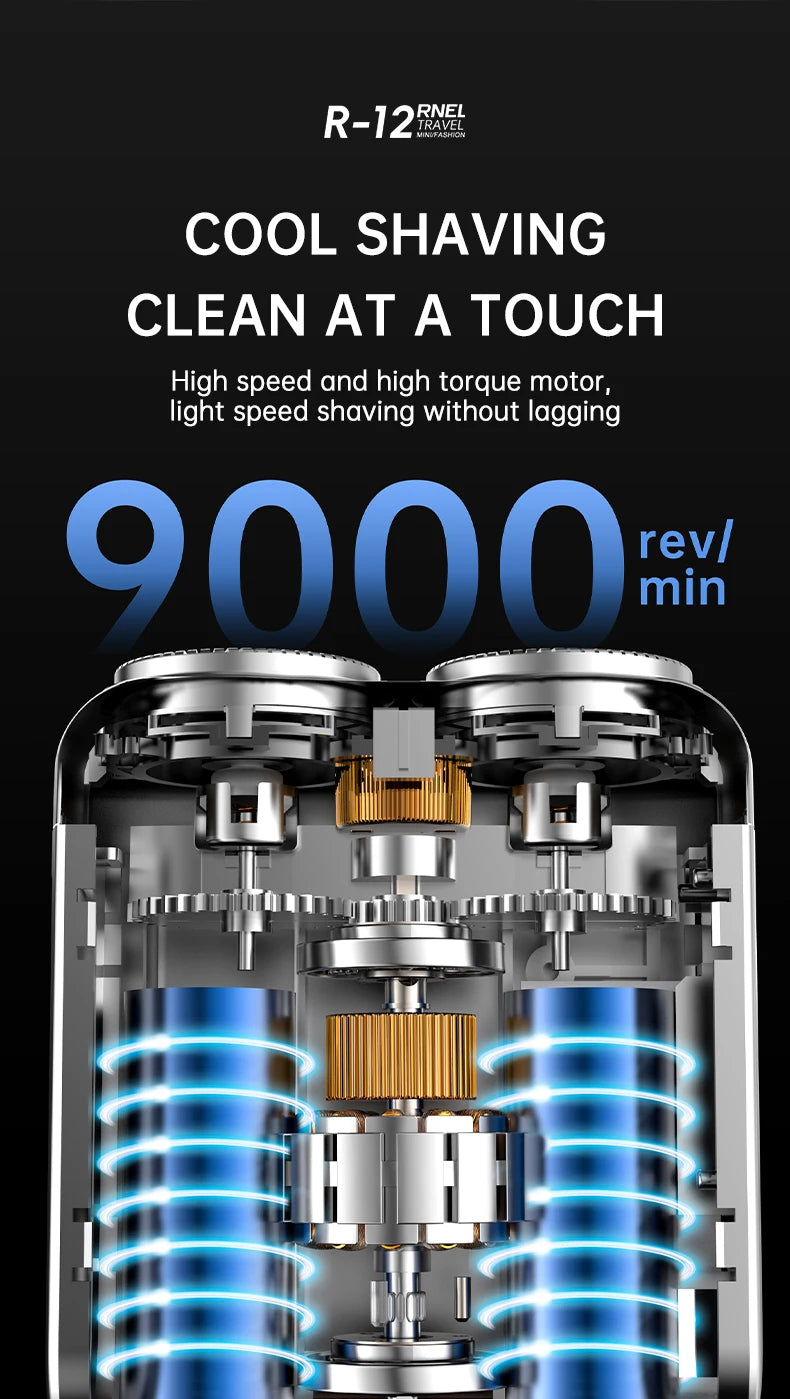 Close-up of a silver electric shaver with blue light accents, showing the dual heads and motor components.
