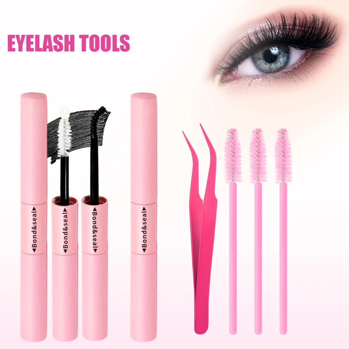 Set rosa Augenlidwerkzeuge mit Pinzette und Heißluftpinsel für DIY Anime- und edgy Wimpern.