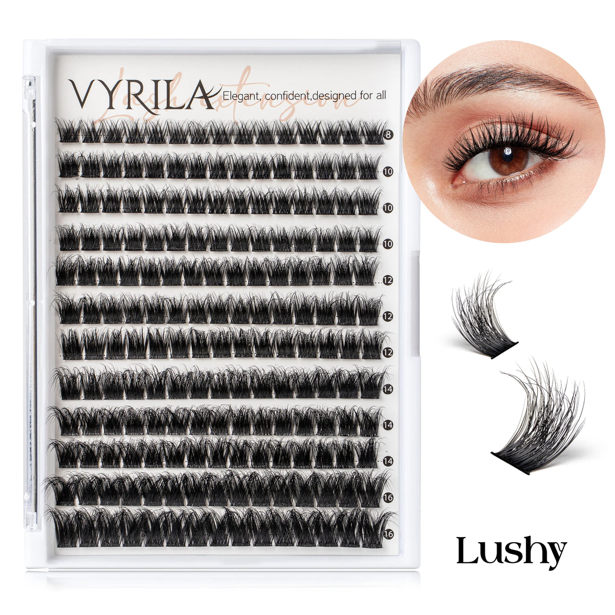 A display of various eyelash clusters for application, including a close-up of the lashes and a swatch labeled Lushy.