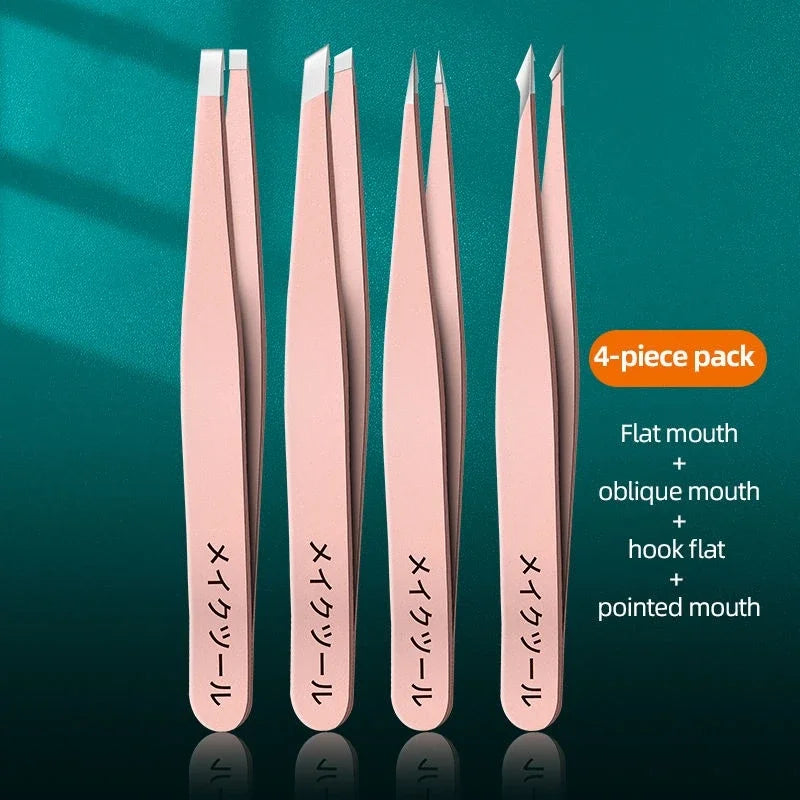Precision Stainless Steel Eyebrow Tweezers Set (4 Pcs)