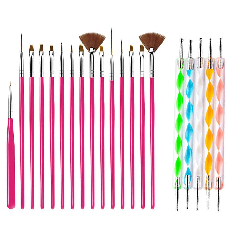 A set of precision nail art brushes with various sizes and colors including pink, white, and orange bristles.