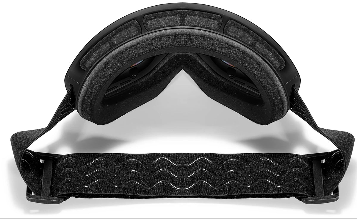A pair of black all-in-one outdoor sports goggles for skiing and cycling with a strap.