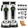 A professional rotary hair clipper trimmer in white and black with various attachments shown.