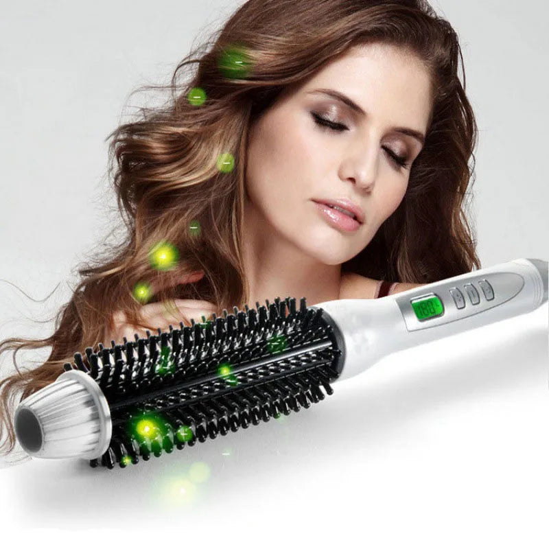 A woman is using a white hair straightener and curler on her hair, showing the product's function.