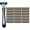 Stainless steel safety razor with replaceable triple-blade head and black grip.
