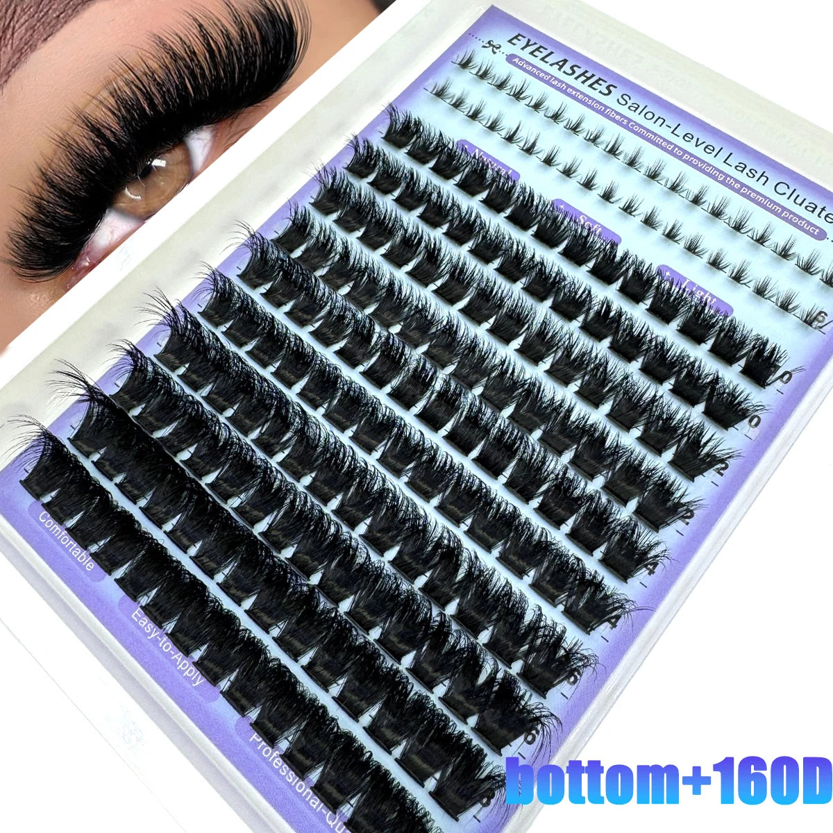 Gros plan de clusters de cils pointus DIY pour extensions de salon sur emballage.