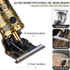 Close-up view of an ultra short pitch real oil head design T shaped stainless steel hair clipper blade.