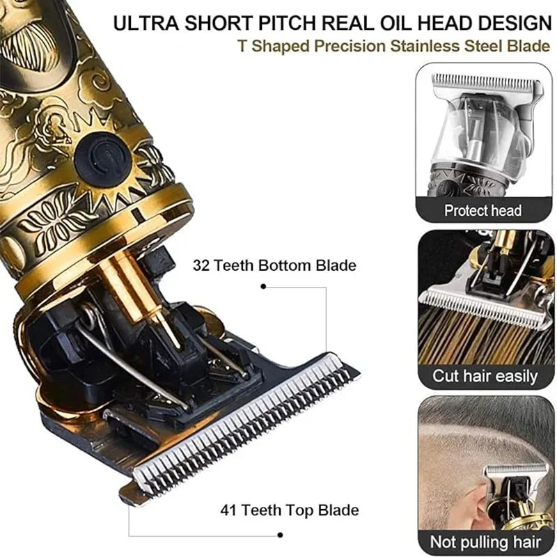 Close-up view of an ultra short pitch real oil head design T shaped stainless steel hair clipper blade.