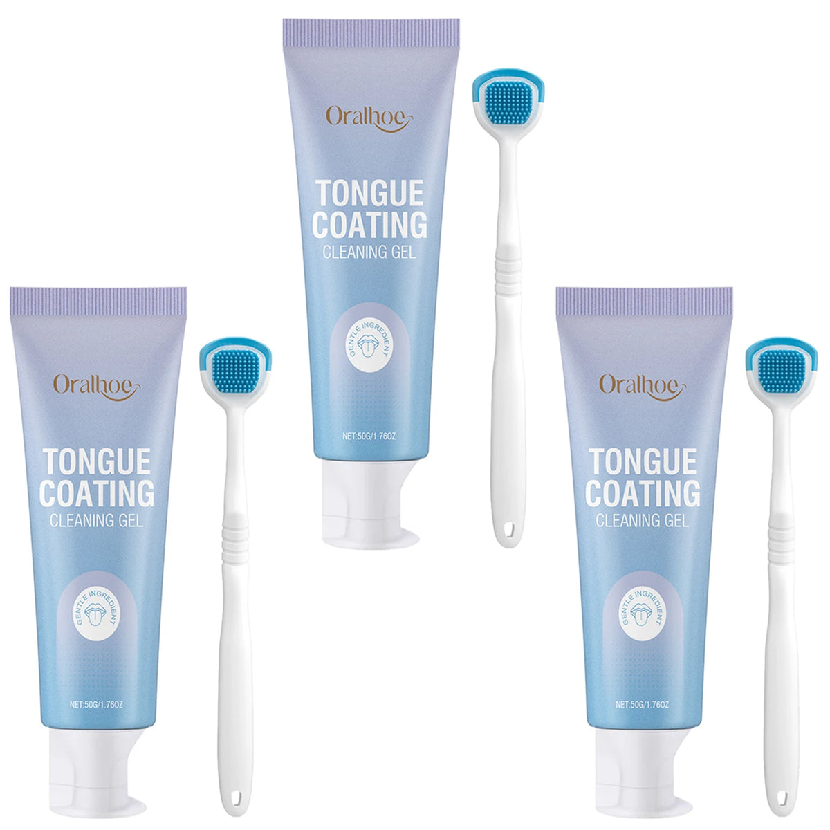 Orathoe tongue coating cleaning gel and scraper set in purple and blue packaging