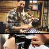 A bearded man is shown using a professional cordless hair trimmer kit for a family haircut.