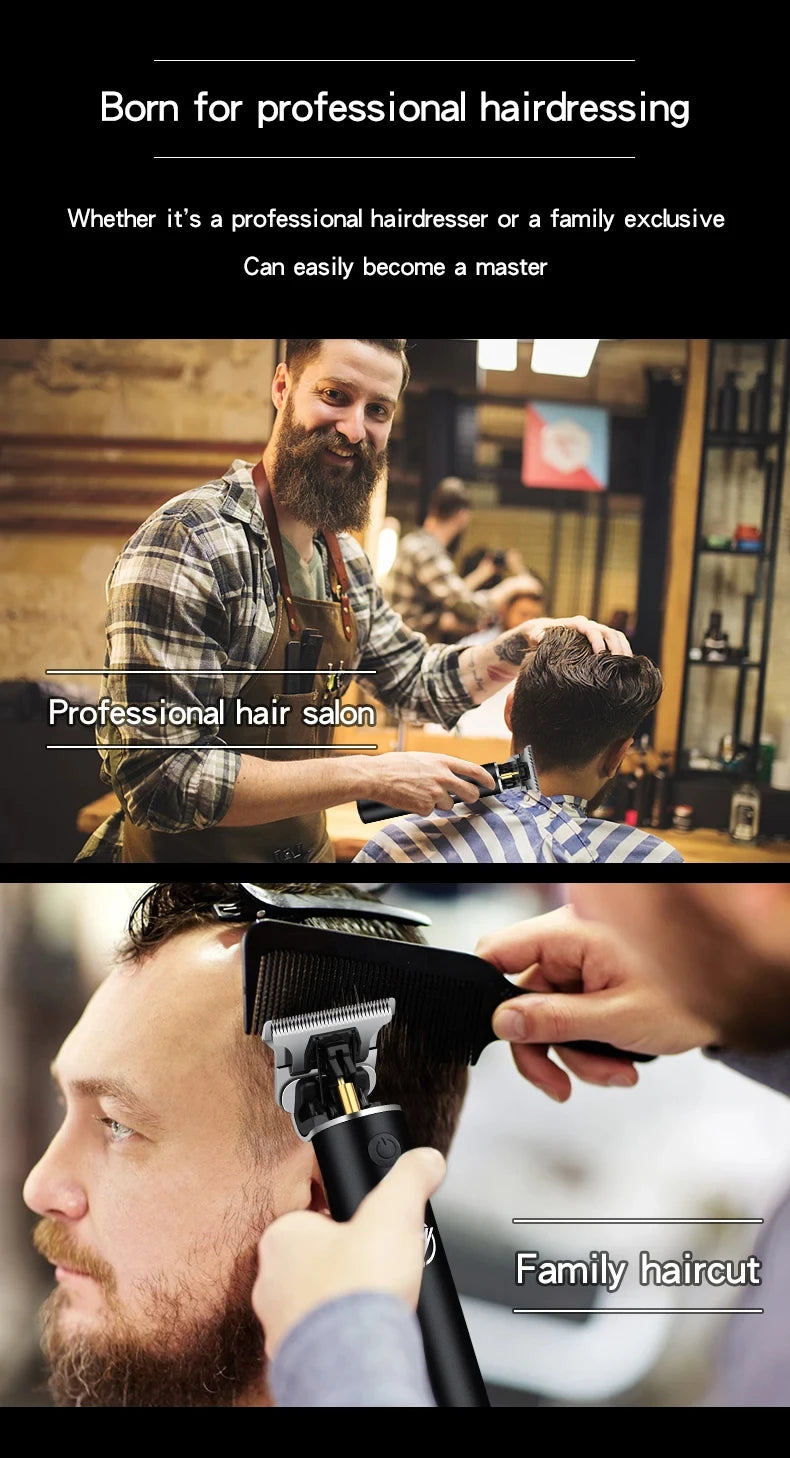 A bearded man is shown using a professional cordless hair trimmer kit for a family haircut.