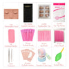 A set of silicone eyelash extension practice tools including a mannequin head, brushes, patches, tweezers, and eyelash blow.
