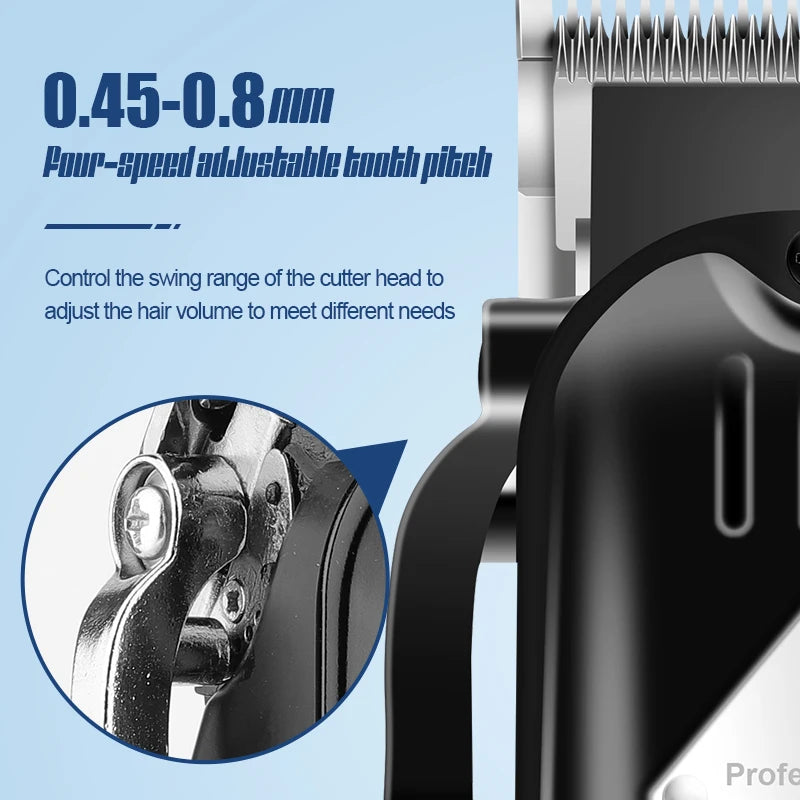 Close-up view of a professional electric hair clipper showing the adjustable tooth pitch and cutter head mechanism.