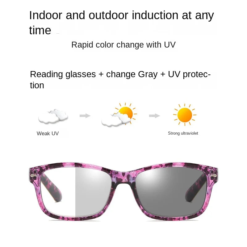 Pair of purple photochromic reading glasses with a gradient lens and pink frame