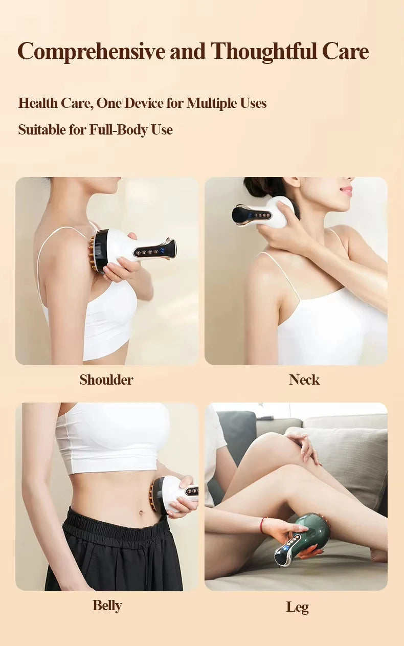 A set of USB rechargeable cupping guasha massagers demonstrating use on the shoulder, neck, belly, and leg.