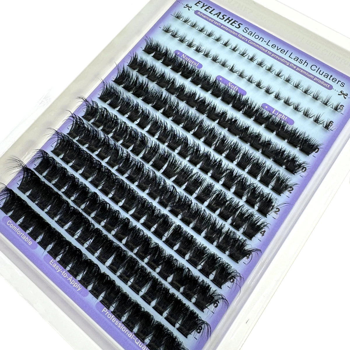 Exposition de clusters de cils pointus DIY pour extensions de salon, avec différentes types de cils : Naturels, Doux et Clair