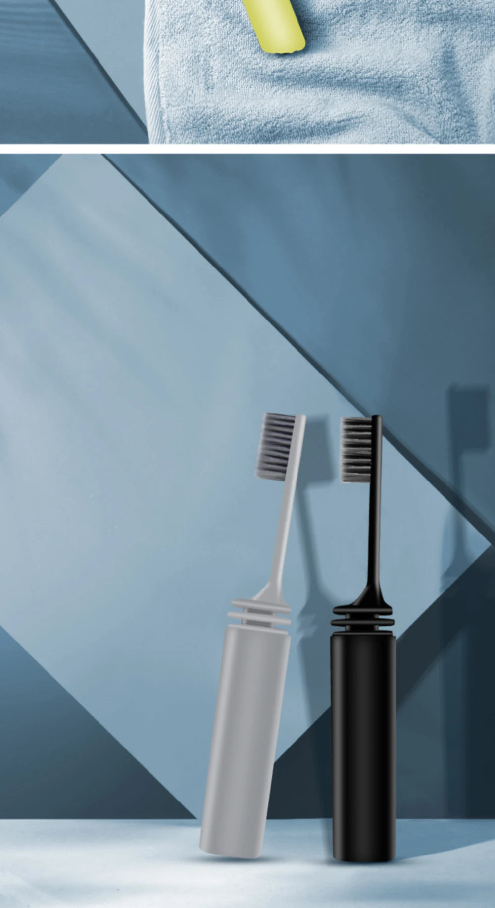 Un set de deux mini brosses à dents pliables, une argentée et une noire, sur fond bleu clair.