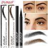 Un set de lápices para cejas con puntas de pincel Dunuf y un lápiz líquido impermeable para cejas, con ejemplos de aplicación