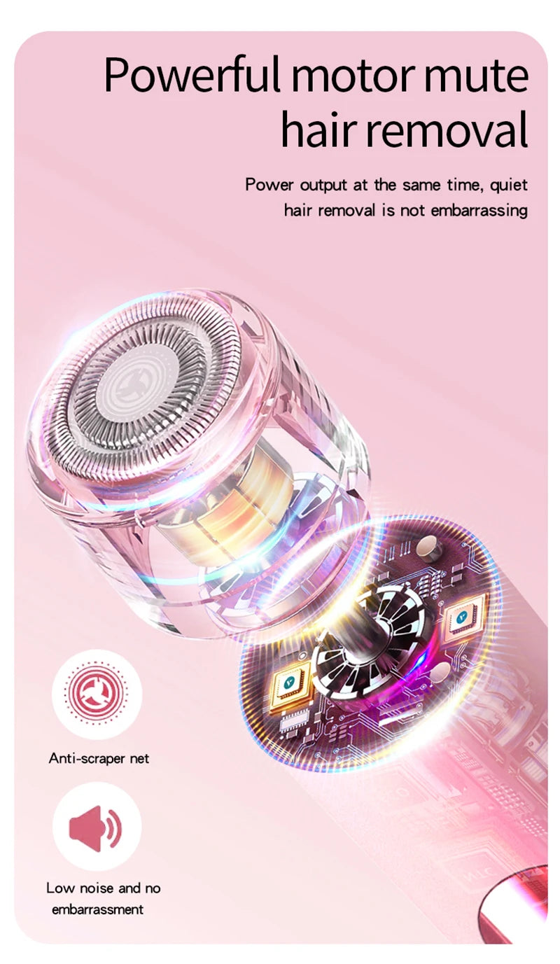 Close-up of a pink electric hair removal device with a rotating head and anti-scraper net.