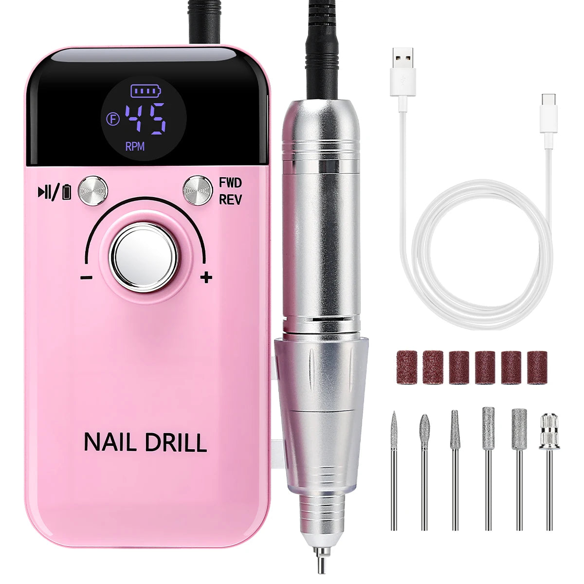 Pistolet à ongles électrique rose avec écran numérique et embouts interchangeables.