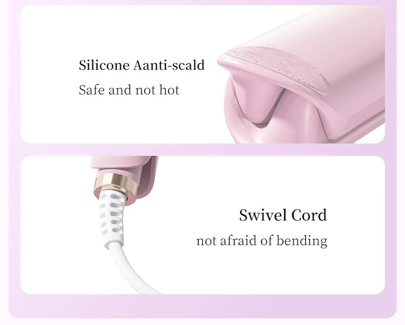 Pink silicone anti-scald curling wand with a swivel cord