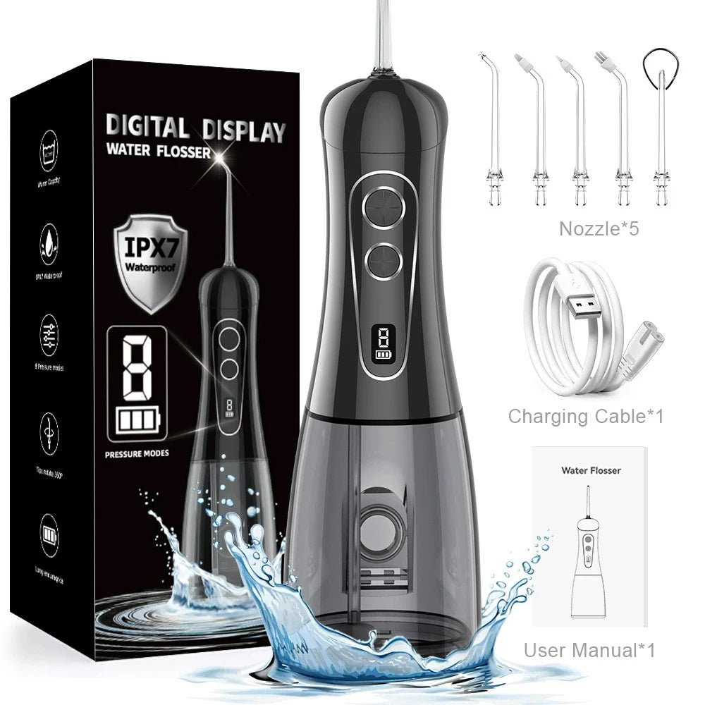 A black digital display water flosser device is shown with accessories and a charging cable on a white background.