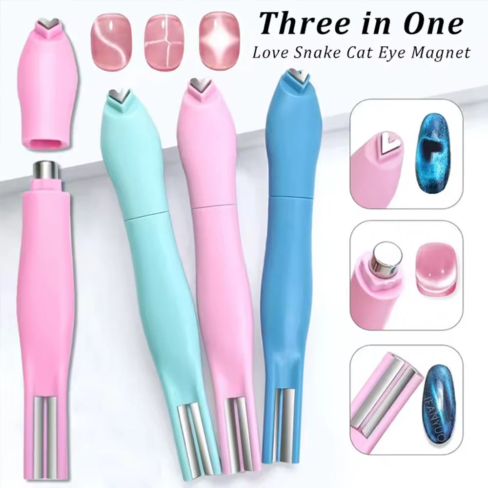 Un set de trois aimants à ongles rose et bleu pour effet œil de chat, de différentes formes et tailles.